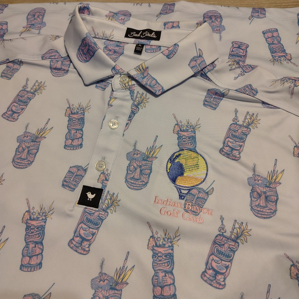 Bad Birdie Mens XL Golf Polo Tiki Mug Cocktail Print Indian Bayou Golf Club Blue